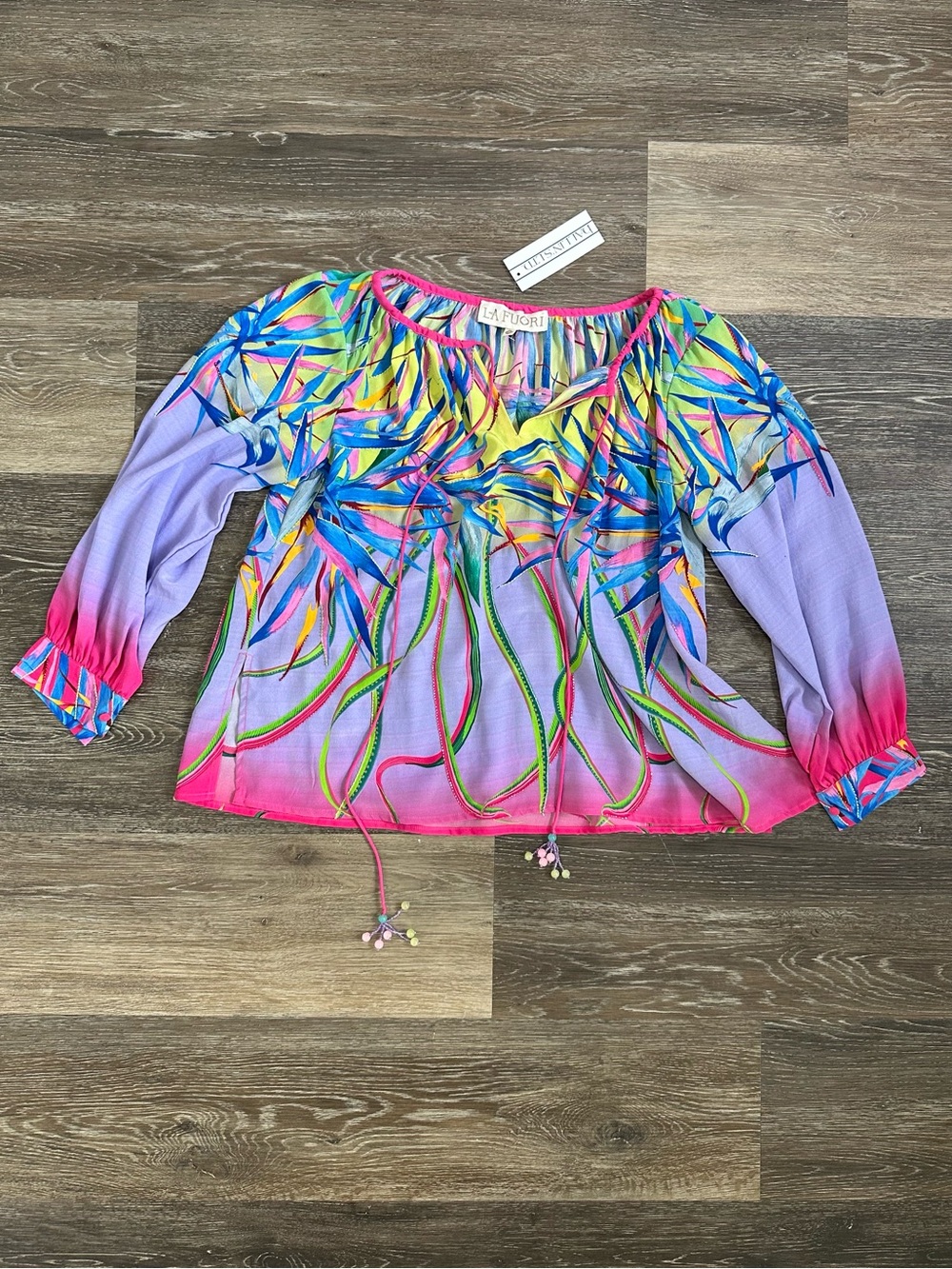 LA FUORI Long Sleeve Pattern Blouse Chiffon Silk Tropics Vibrant Pink Purple S